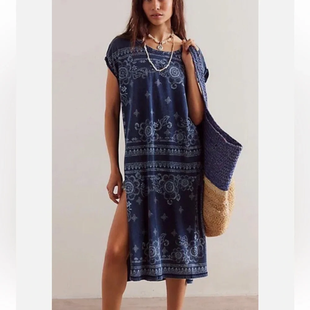 Free People Navy Blue Bandana Print Short Sleeve Tunic
